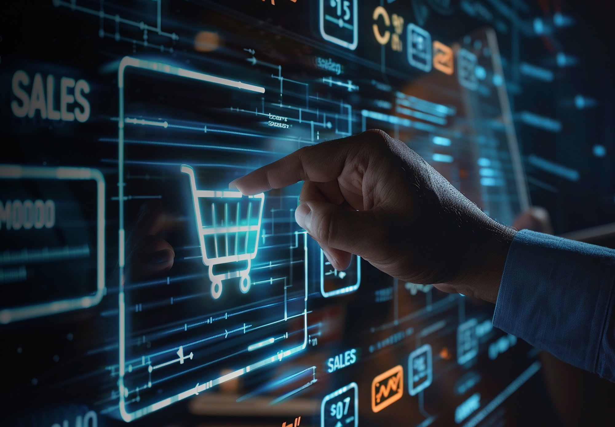 man-is-using-computer-screen-with-hand-pointing-screen-with-words-shopping-darkened
